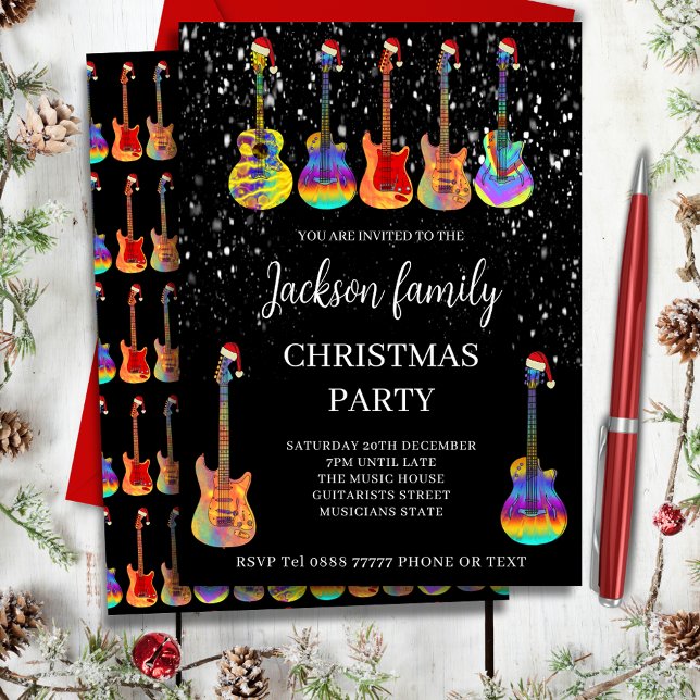Invitation de fête de Noël sur le thème de la guit (Music themed family christmas party invitation cool colorful rock and roll guitars Santa hats & snow)