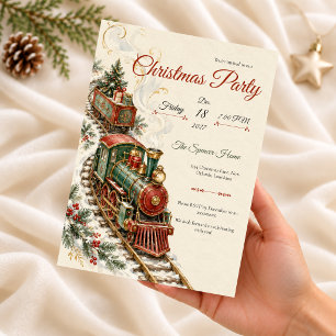 Invitation de fête de Noël vintage avec train