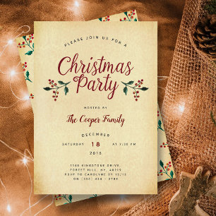 Invitation de fête de Noël vintage Holly