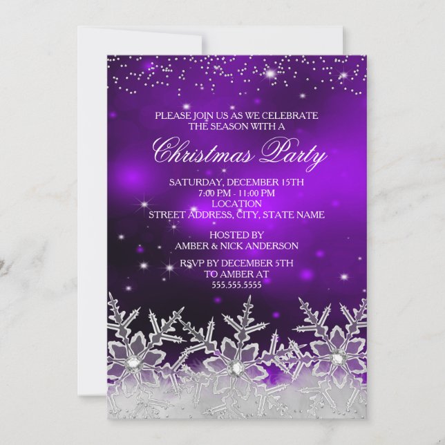 Invitation de fête de Noël violette en flocon de n (Devant)