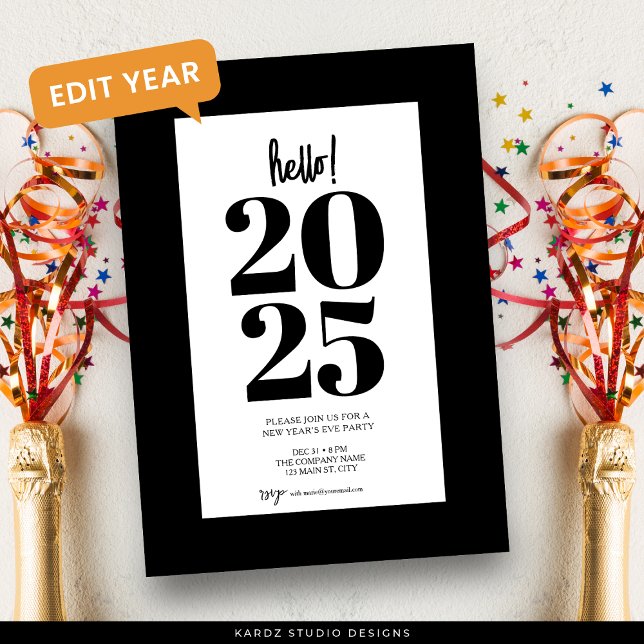 Invitation de fête de Nouvel An noir moderne (Invite shown in 5 x 7 inches, choose size, paper and corner style.)
