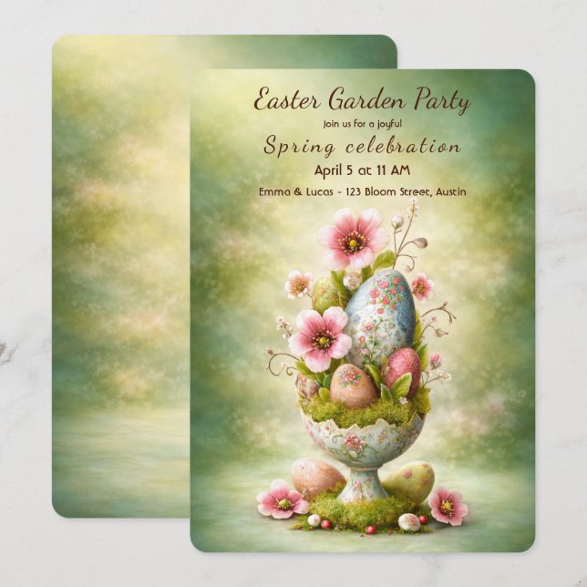 Invitation de fête de Pâques Œufs Floraux Jardin P (Devant / Derrière)