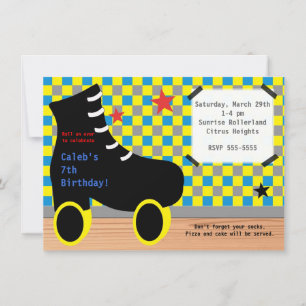 Invitation de fête de patinage jaune bleu pour gar