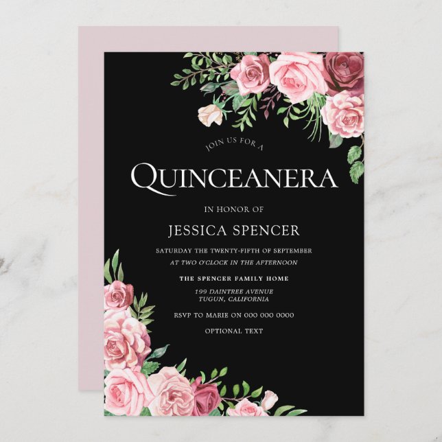 Invitation de fête de Quinceanera à la teinte noir (Devant / Derrière)