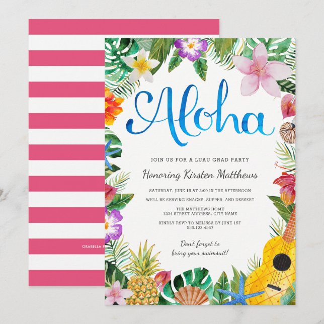Invitation de fête de remise de diplôme Luau Tropi (Devant / Derrière)
