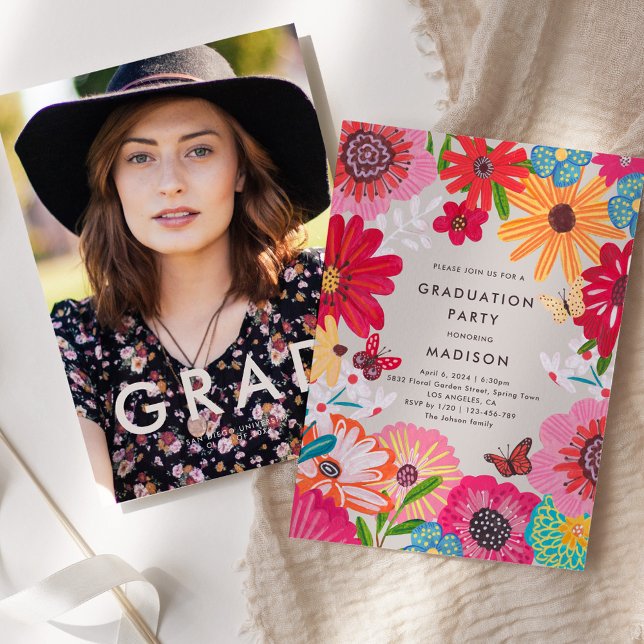 Invitation de fête de remise de diplômes florale c (Bright Floral Graduation Party Invitation – Colorful Wildflower Graduation Invite)