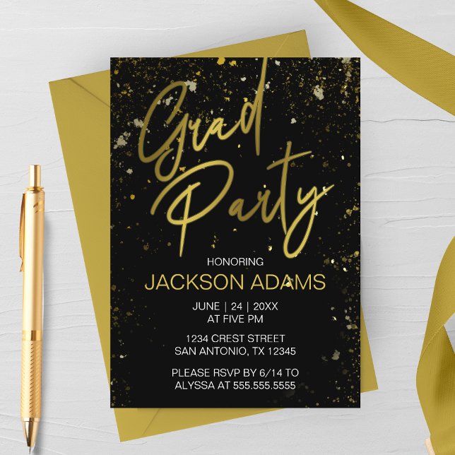 Invitation de fête de remise de diplômes moderne e (Gold and Black Graduation Party Invitation)