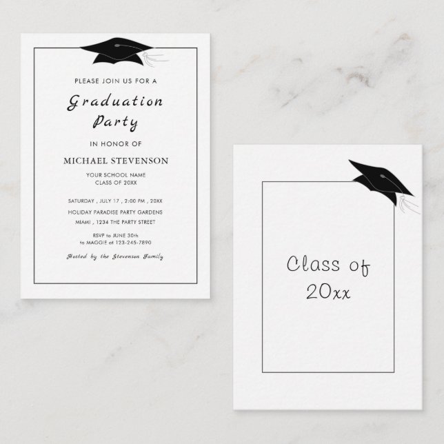 Invitation de fête de remise de diplômes noir et b (Devant / Derrière)