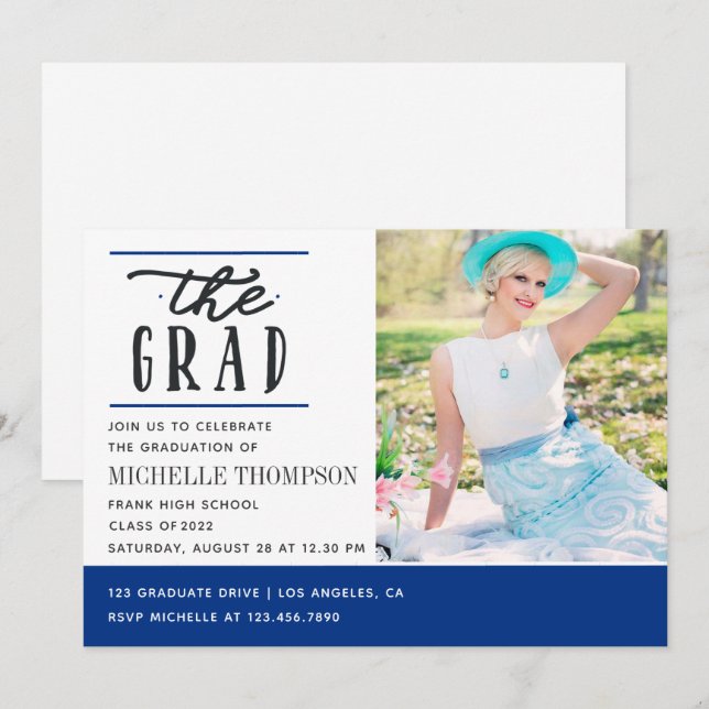 Invitation de fête de remise des diplômes bleu et  (Devant / Derrière)