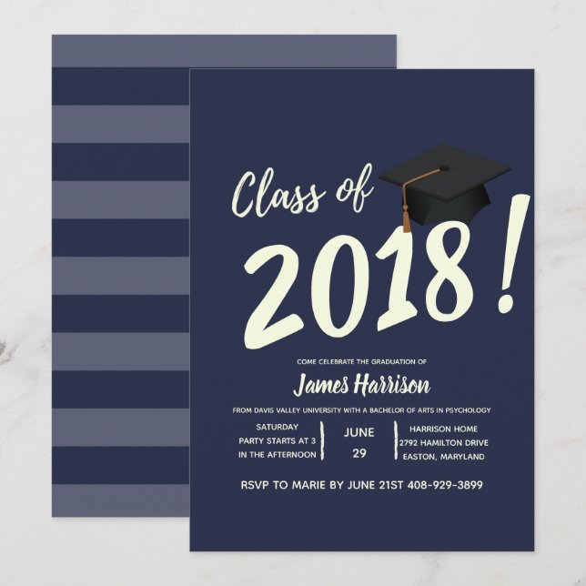 Invitation de fête de remise des diplômes bleu mar (Devant / Derrière)