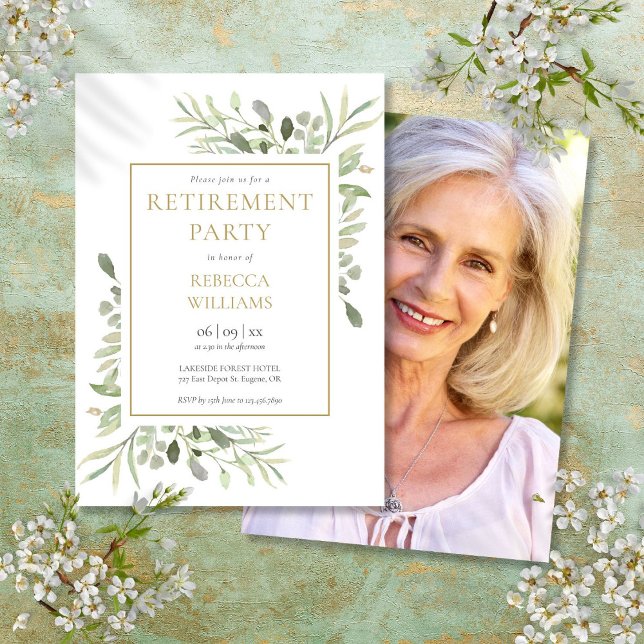 Invitation de fête de retraite avec feuillage vert (Retirement Party Greenery Foliage Photo Invitation)
