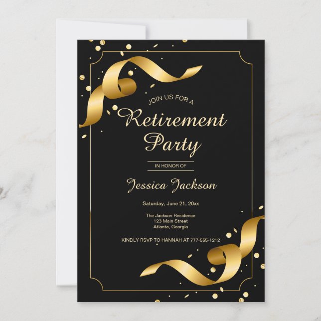 Invitation de fête de retraite avec rubans dorés (Devant)