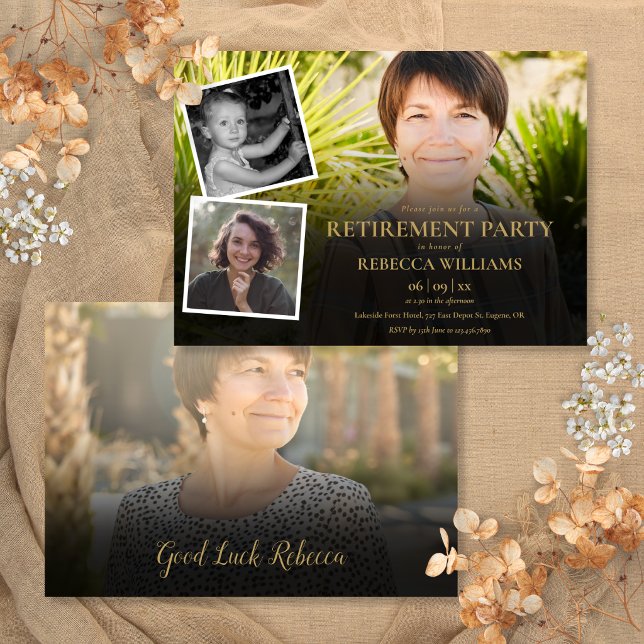 Invitation de fête de retraite en collage photo 4 (4 Photo Collage Retirement Party Invitation)