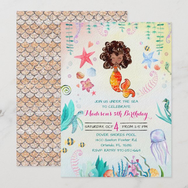 Invitation de fête de sirène afro-américaine (Devant / Derrière)