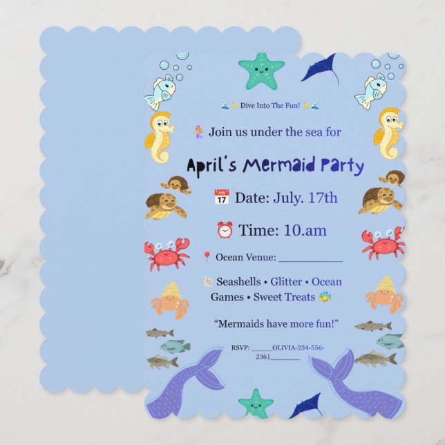 Invitation de fête de sirène de style sous-marin m (Devant / Derrière)