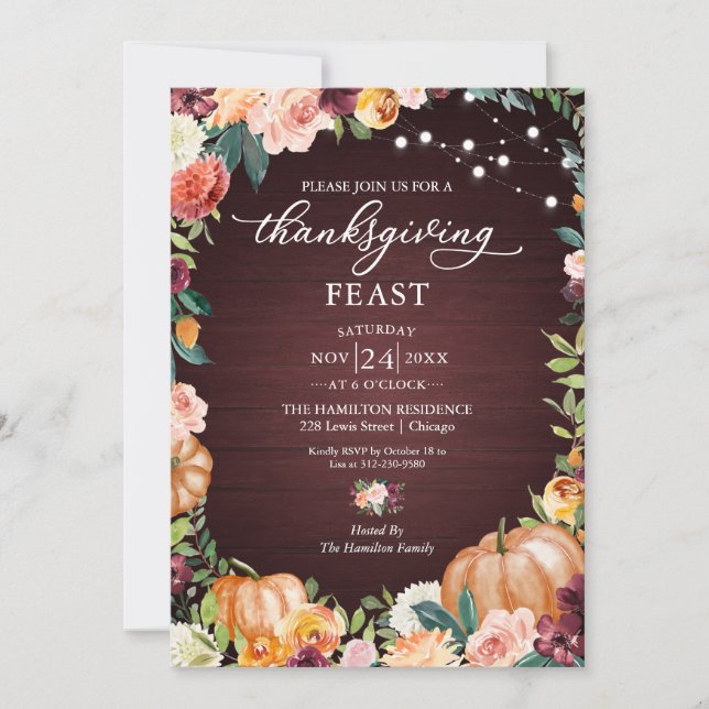Invitation de fête de Thanksgiving Floral Automne  (Devant)