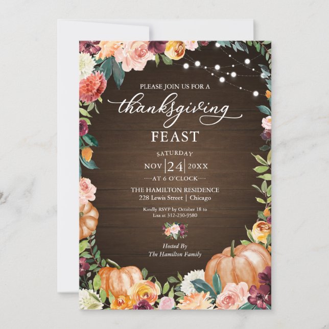 Invitation de fête de Thanksgiving Floral d'Automn (Devant)