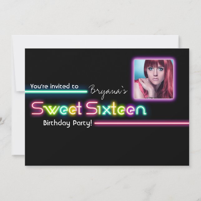 Invitation de fête de typographie SWEET 16 Neon Gl (Devant)