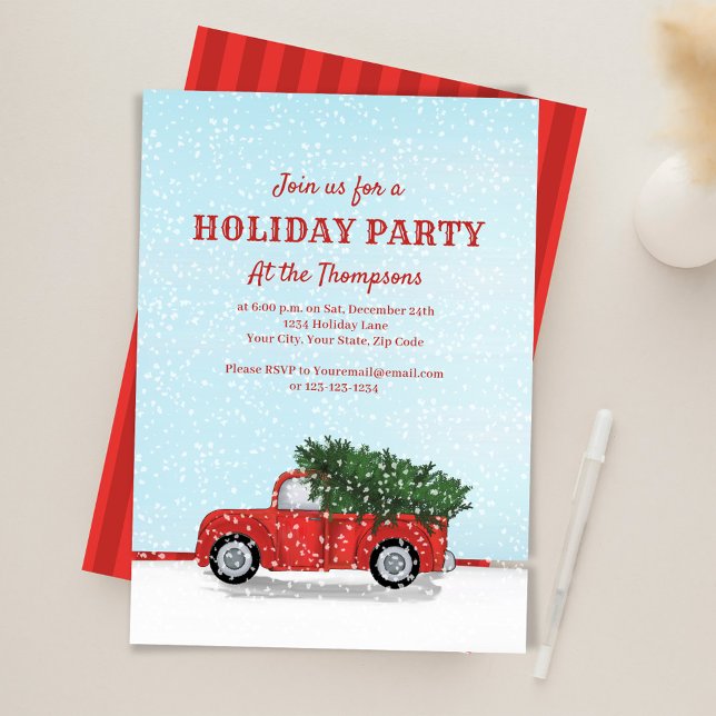 Invitation de fête de vacances camionnette rouge c (Red rustic truck custom Holiday party invitations.)