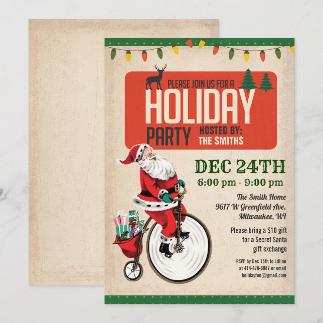 Invitation de fête de vacances Père Noël vintage (Devant / Derrière)