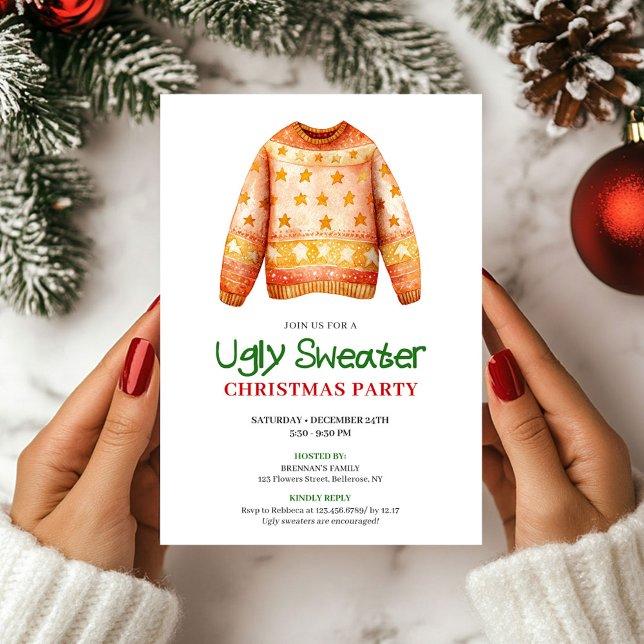 Invitation de fête de vacances pour un pull moche  (Chic Funny Ugly Sweater Holiday Party Invite)