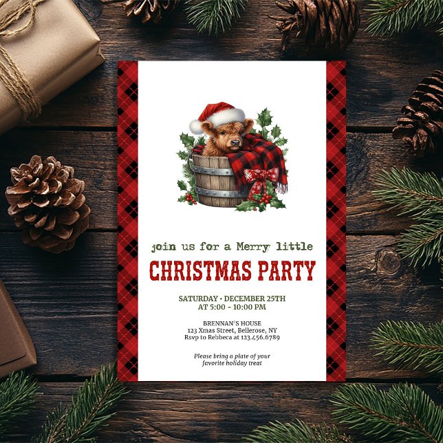 Invitation de fête de vache de haute terre rustiqu (Rustic highland cow party invite holly and pine

)