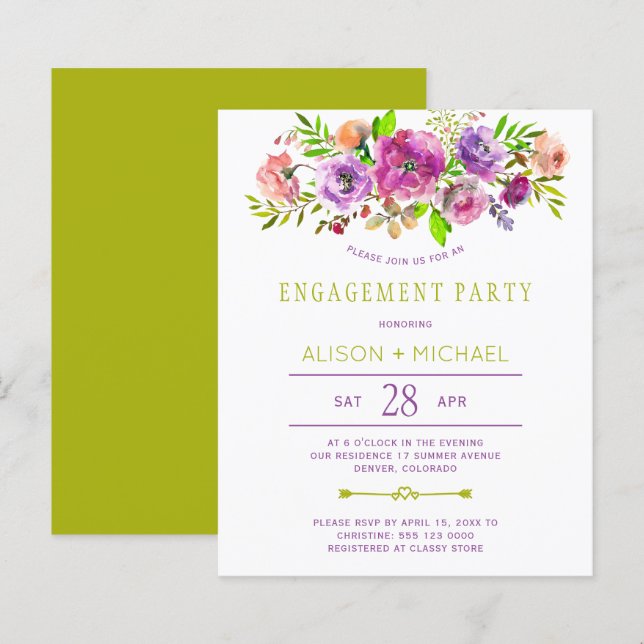 Invitation de fête d'engagement florale rustique à (Devant / Derrière)