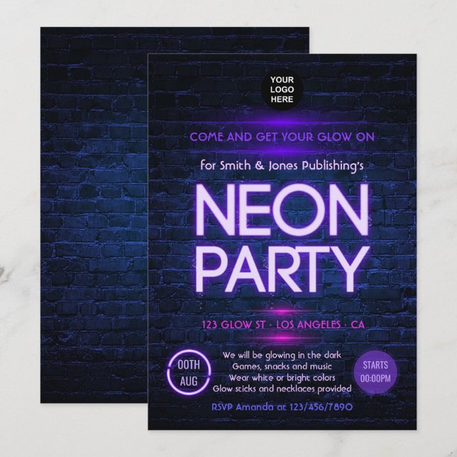 Invitation de fête d'entreprise néon qui brille da (Devant / Derrière)