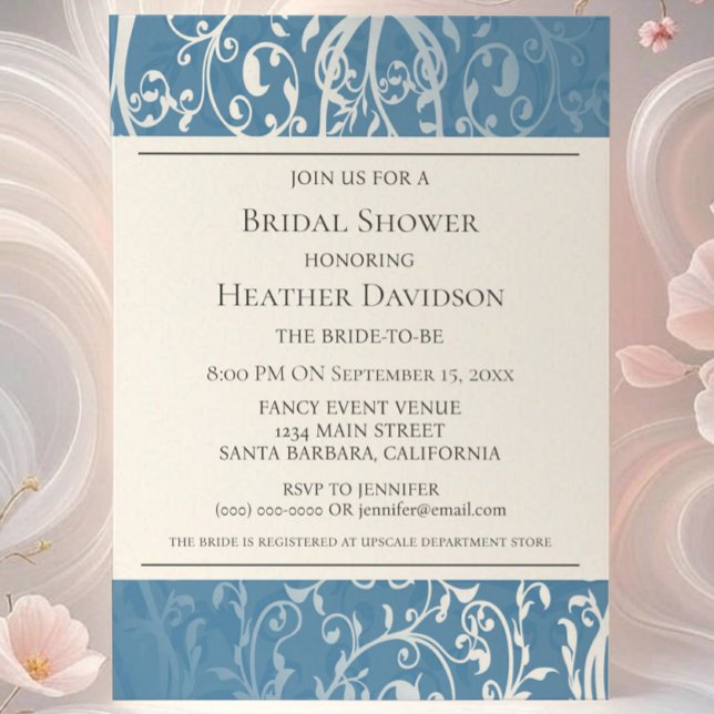 Invitation de Fête des mariées Bleu Élégant (Blue Elegant Flourish Bridal Shower Invite)
