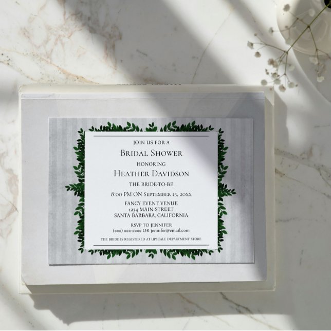 Invitation de Fête des mariées de feuillage rayé V (Gray Vintage Striped Foliage Bridal Shower Invite)