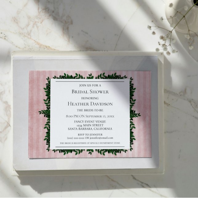 Invitation de Fête des mariées de feuillage Vintag (Pink Vintage Striped Foliage Bridal Shower Invite)