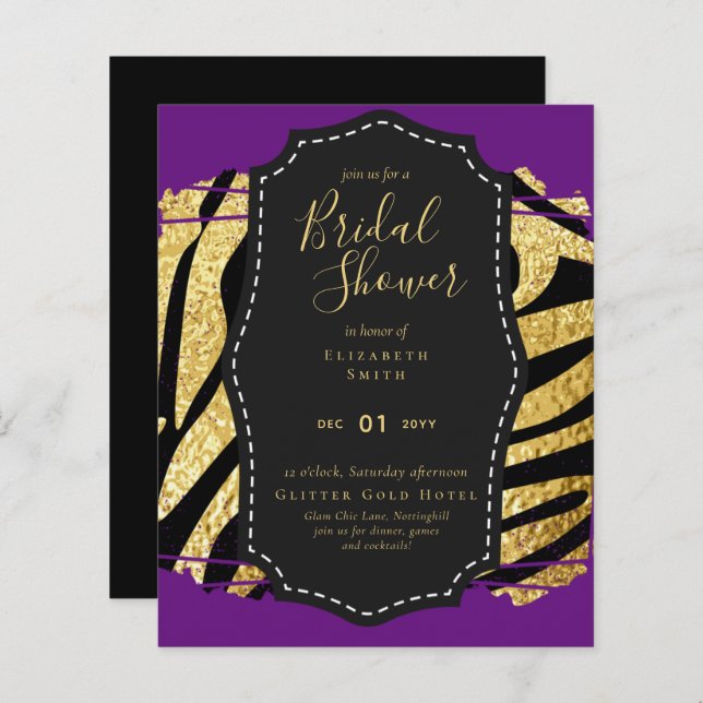 Invitation de Fête des mariées de Glam Gold Purple (Devant / Derrière)