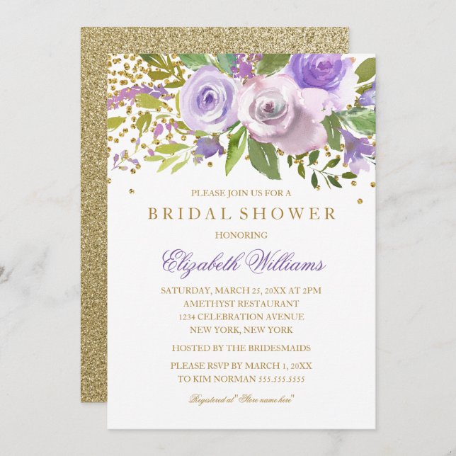 Invitation de Fête des mariées Floral Purple Gold  (Devant / Derrière)