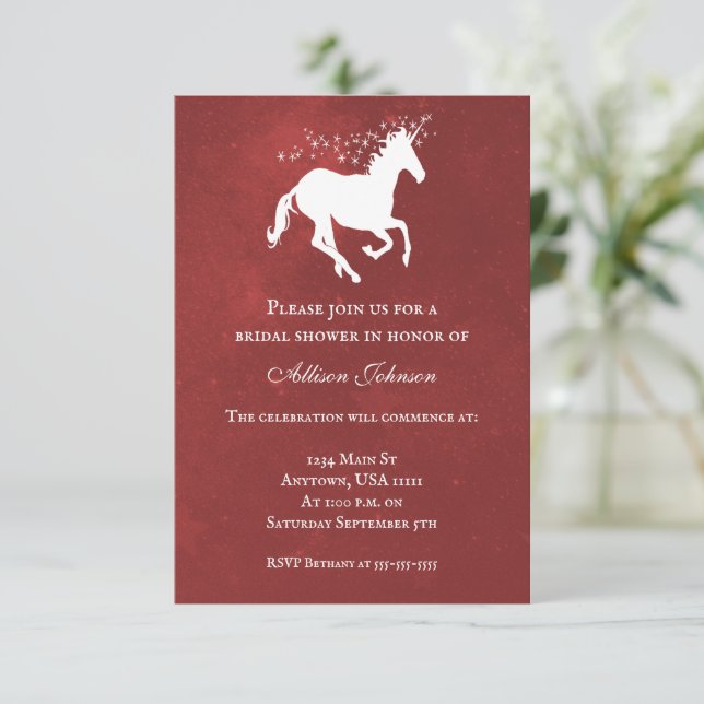 Invitation de Fête des mariées Red Unicorn (Debout devant)