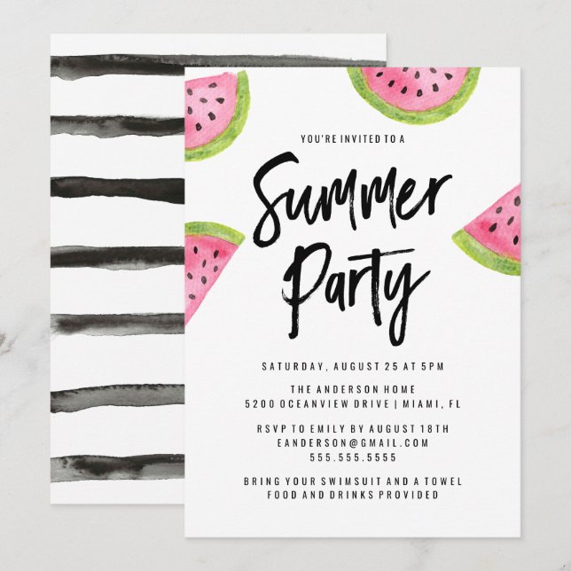 Invitation de fête d'été moderne au melon d'eau (Devant / Derrière)