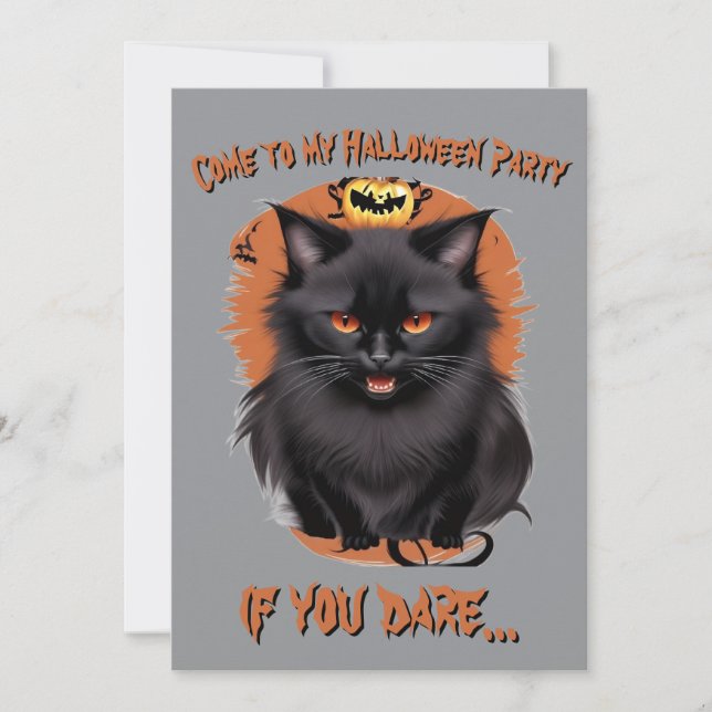 Invitation de fête d'Halloween au chat noir maléfi (Devant)