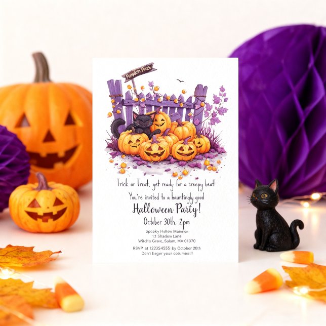 Invitation de fête d'Halloween avec un chat noir d (Créateur téléchargé)