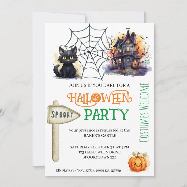 Invitation de fête d'Halloween Chat et Château éff (Devant)