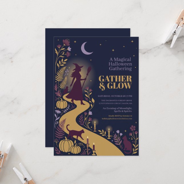 Invitation de fête d'Halloween de sorcière magique (Devant/Arrière en situation)