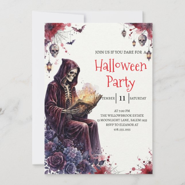Invitation de fête d'Halloween homme squelette got (Devant)