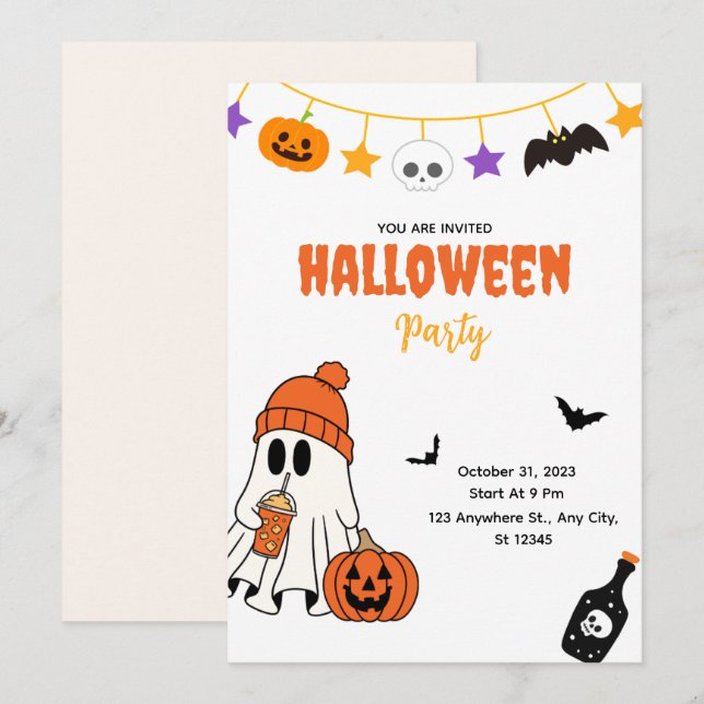 Invitation de fête d'Halloween mignonne avec fantô (Devant / Derrière)