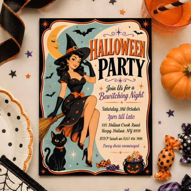 Invitation de fête d'Halloween Pin-Up Rétro Sorciè (Créateur téléchargé)