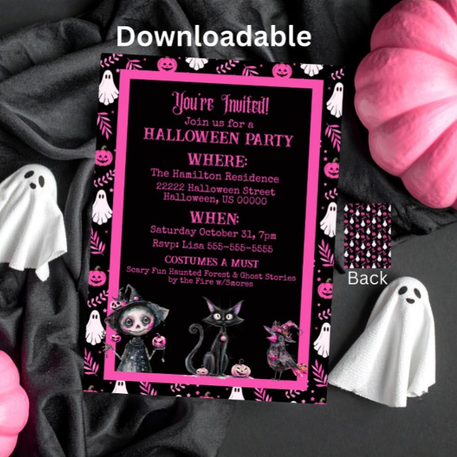 Invitation de fête d'Halloween rose noir et blanc  (Créateur téléchargé)