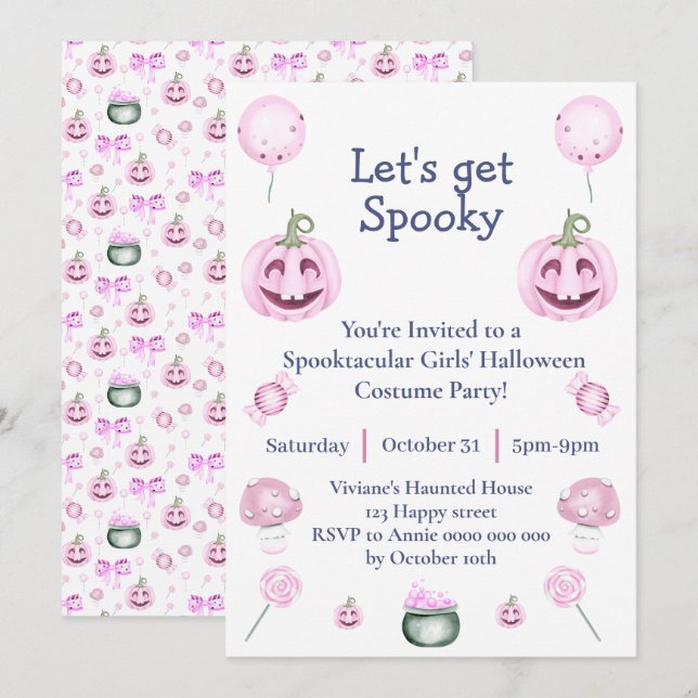 Invitation de fête d'Halloween rose pour filles (Devant / Derrière)