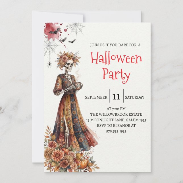Invitation de fête d'Halloween squelette de dame g (Devant)