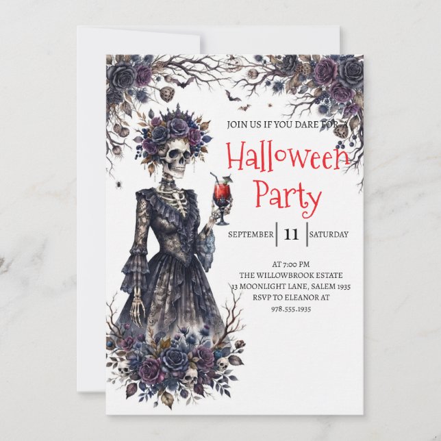 Invitation de fête d'Halloween squelette de dame g (Devant)