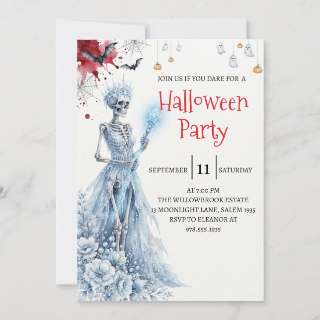 Invitation de fête d'Halloween squelette de dame g (Devant)
