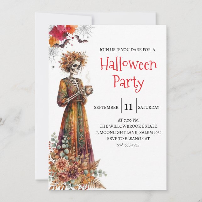 Invitation de fête d'Halloween squelette de dame g (Devant)