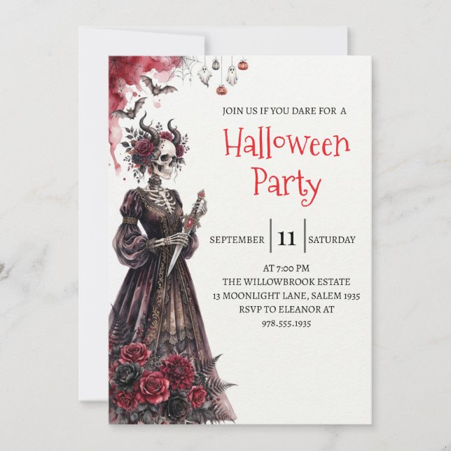 Invitation de fête d'Halloween squelette de dame g (Devant)