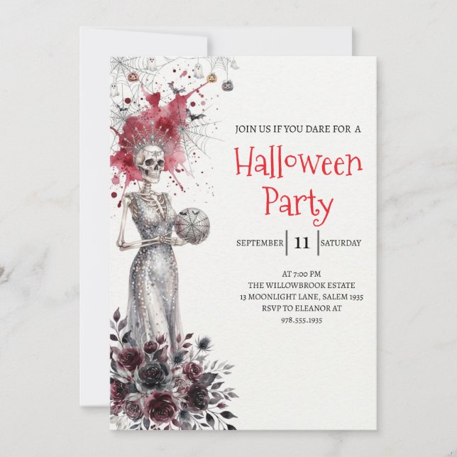 Invitation de fête d'Halloween squelette de dame g (Devant)
